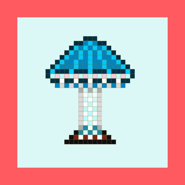 Pixie Parasol Mushroom Pixel Painting On Light Blue Background by CozyPixelFluff
