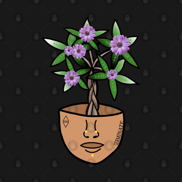 Surreal Money Tree with Purple Daisys, in a Pot Head Planter by Tenpmcreations