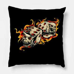 Grinning skull dice and flames Pillow