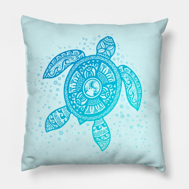 Boho Tiki Teal Sea Turtle with Bubbles Pillow by Jitterfly