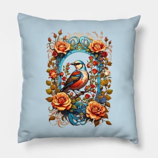 Bird on a branch with roses retro vintage floral design Pillow