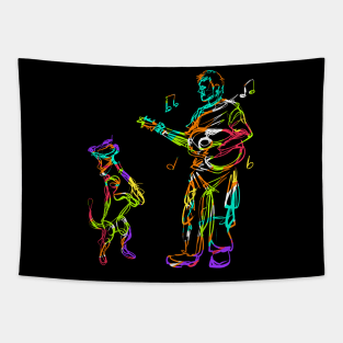 Dog and music colorful man playing guitar dancing Tapestry