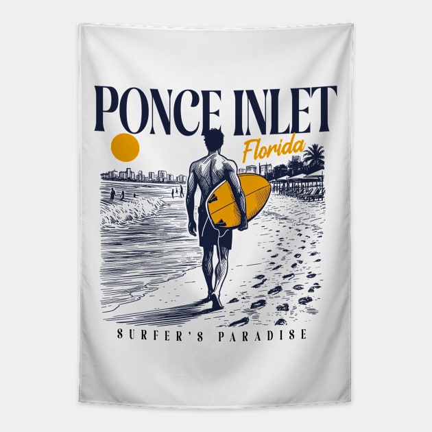 Vintage Surfing Ponce Inlet, Florida // Retro Surfer Sketch // Surfer's Paradise Tapestry by Now Boarding