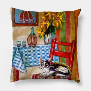 RUSTIC ITALIAN KITCHEN IN FLORENCE Cat,Sunflowers and Wine Pillow