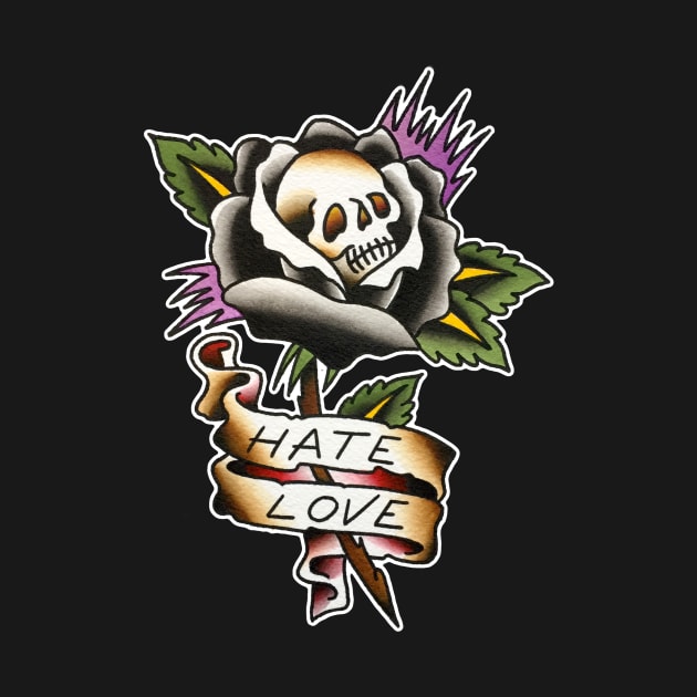 Hate Love Skull Rose Tattoo Design by forevertruetattoo