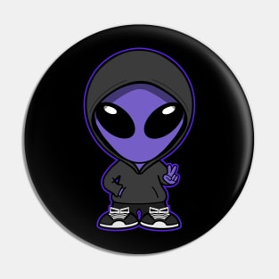 Hooded Space Alien Peace Hand Sign Purple Pin