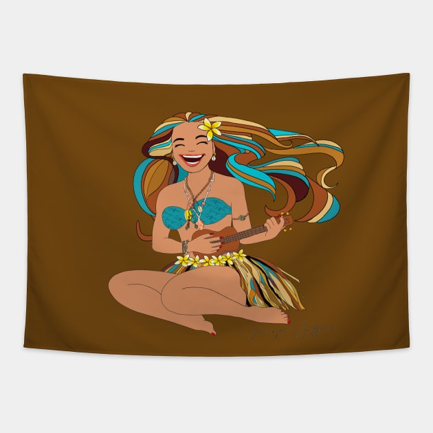 Happy Hawaiian Hula Girl with her guitar. Tapestry by Griffioen