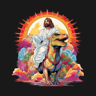 Jesus on a Dinosaur Colorful Retro Funny Rainbow Print T-Shirt