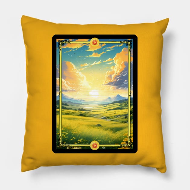 Sunny Grassy Plains Scene - TCG Border Full Art - 1st Edition Pillow by Rogue Wizard