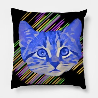 Blue Kitty Face Colorful Stripes Pillow