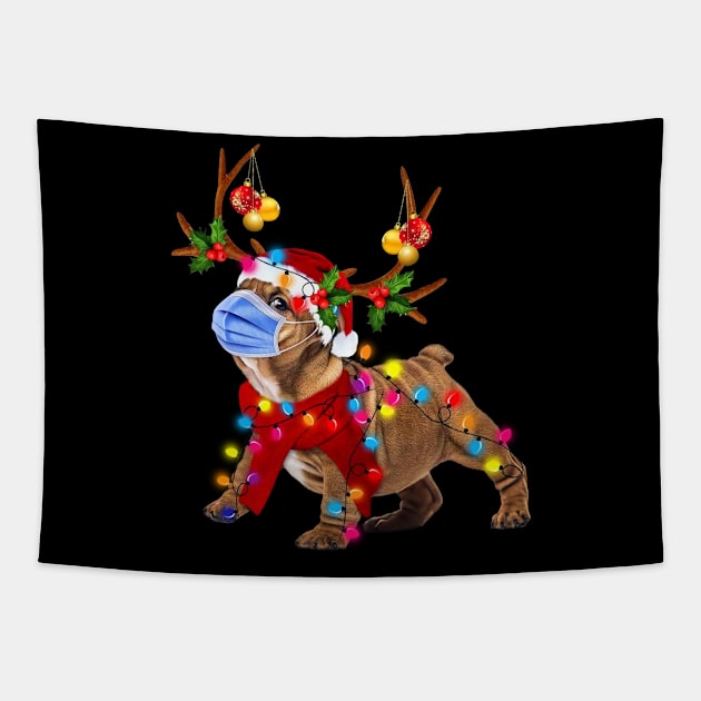 Bulldog Reindeer With Face Mask  Christmas Light Funny Shirt Tapestry by Rozel Clothing