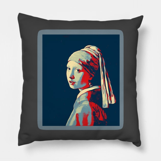 Girl with a Pearl Earring  Painting by Johannes Vermeer - Obama colors Pillow by Walters Mom