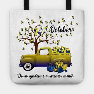 Blue And Yellow Ribbon Pumpkin Truck Down Syndrome Awareness Tote