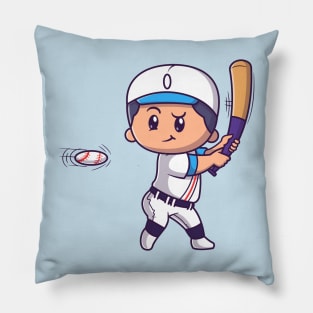 Cute Boy Playing Baseball Cartoon Pillow