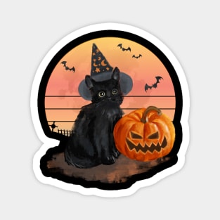 Black Cat With Pumpkin Moon and Bats Halloween Watercolor Painting Magnet