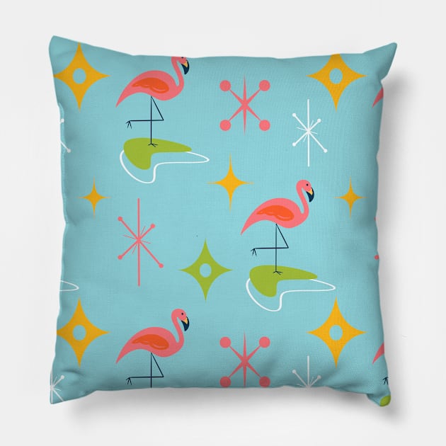 Mid-Century Modern Pink Flamingo with Retro Icons Repeating Pattern Pillow by ksrogersdesigns