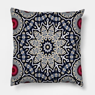 Mandala Kaleidoscope in Black, Blue, Red, Beige, and White Pillow