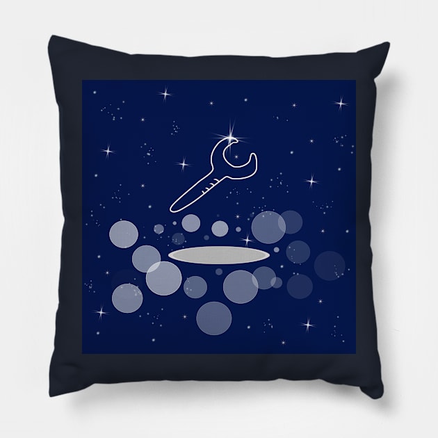 Wrench, tool, repair, work, illustration, night, light, shine, universe, cosmos, galaxy Pillow by grafinya