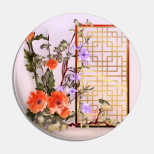 Red sumiE watercolor flowers with a chinese lattice Pin