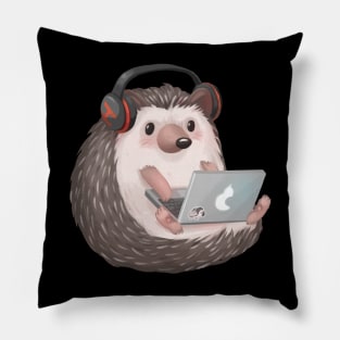 Cute Hedgehog Blogger on a Laptop Listening to Music Pillow