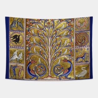 MEDIEVAL BESTIARY,TREE OF LIFE ,BIRDS,DRAGONS FANTASTIC ANIMALS IN GOLD RED BLUE COLORS Tapestry