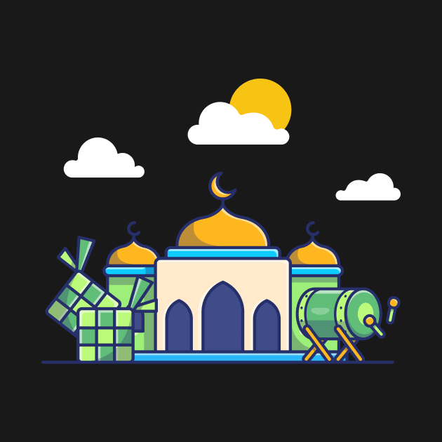Mosque, ketupat And Bedug Drumb Cartoon by Catalyst Labs