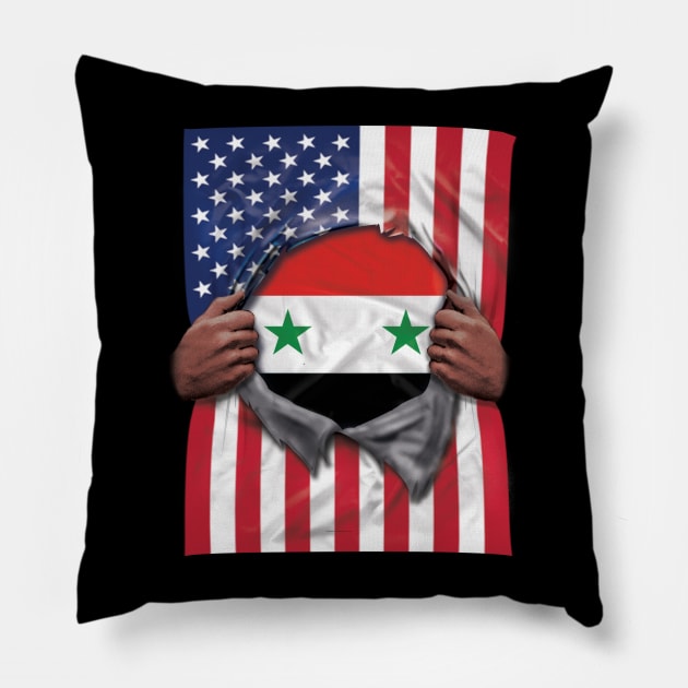 Syria Flag American Flag Ripped - Gift for Syrian From Syria Pillow by Country Flags