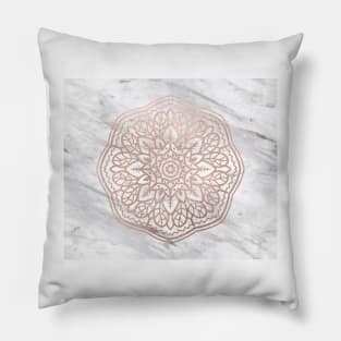 Marble mandala - geometric rose gold on white Pillow
