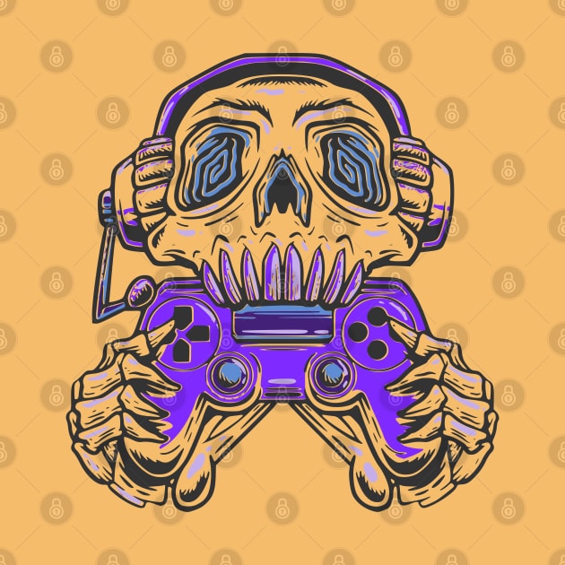 A skull gamer holding a  purple joystick controller and wearing headphone. by Semenov