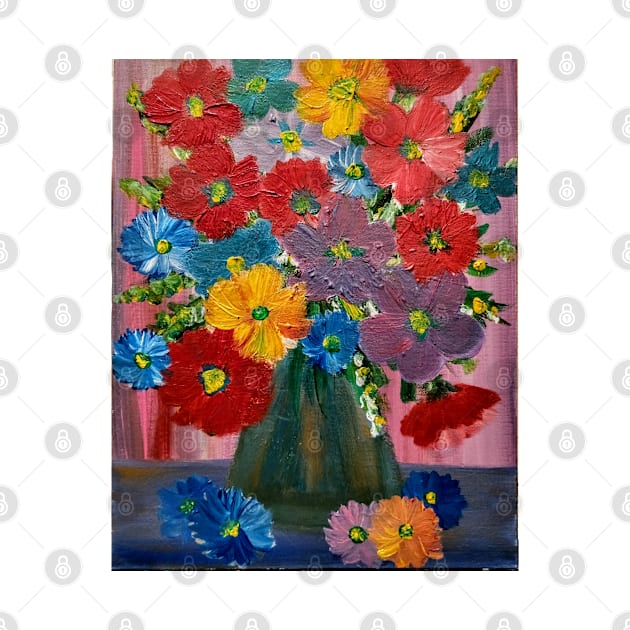 A beautiful bouquet of mixed flowers in a gold and turquoise vase by kkartwork