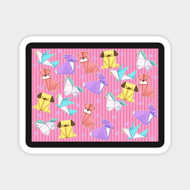 Origami Animals on Pink Stripes Magnet by FrostedSoSweet