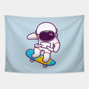 Cute Astronaut Playing Skateboard In Space Tapestry