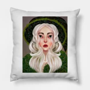 Forest Witch Illustration Fern Witch Hat White Hair Green Eyes Stars and Crescent Moon Pillow