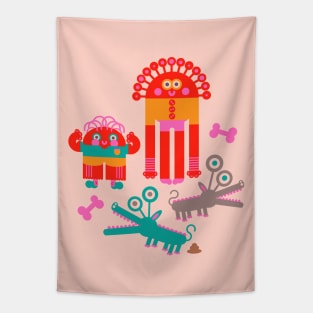 MONSTERS AND THEIR PETS Cute Kawaii Funny Alien Monsters with Pets Bones and Poo - UnBlink Studio by Jackie Tahara Tapestry