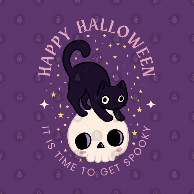 Happy halloween it is time to get spooky a cute cat on a skull by Yarafantasyart