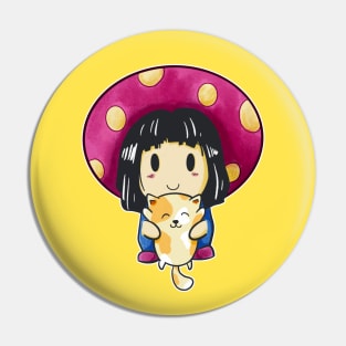 Mushroom Girl With Cat Cute Kawaii Anime Fun Pin