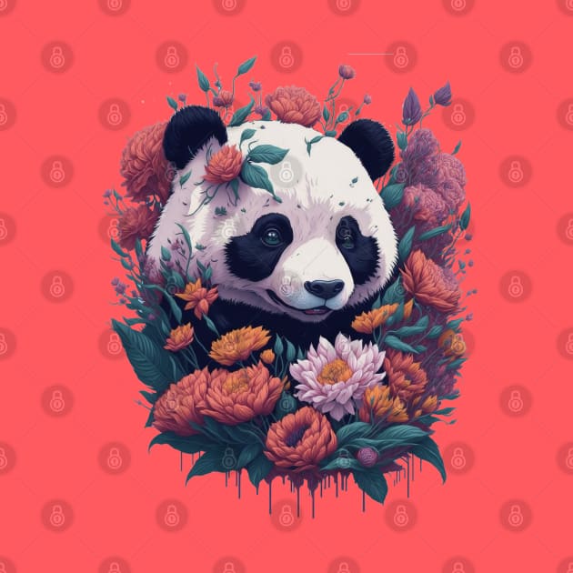 Cute smiling Giant Panda bear with florals t-shirt design, apparel, mugs, cases, wall art, stickers by LyndaMacDesigns