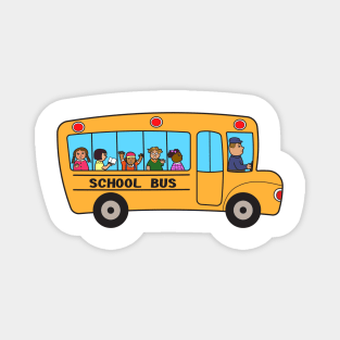 School bus with group of school children. Flat design drawing isolated on white background d. Magnet