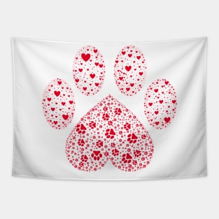 Red Animal Paw with Hearts Tapestry