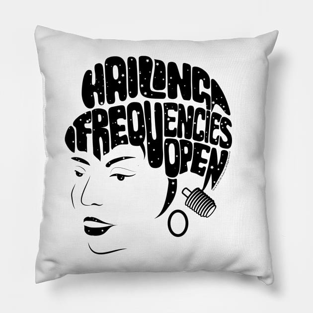 Uhura, Hailing Frequencies Open, Star Trek TOS, Starfield (light backgrounds) Pillow by Markadesign