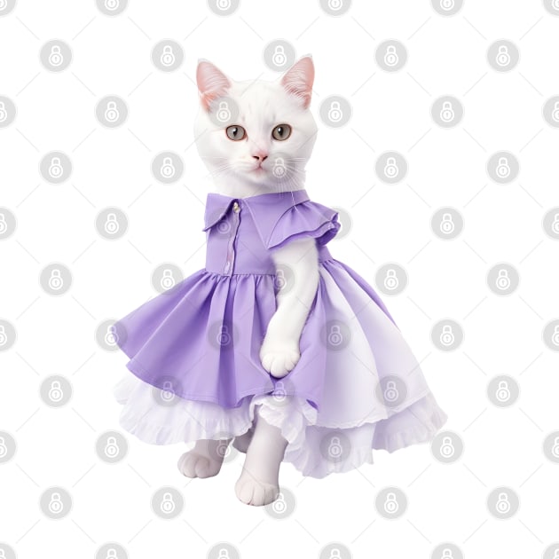 White cat wearing purple dress by Luckymoney8888