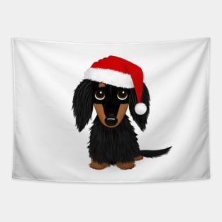 Longhaired Black and Tan Dachshund with Santa Hat Cute Christmas Dog Tapestry