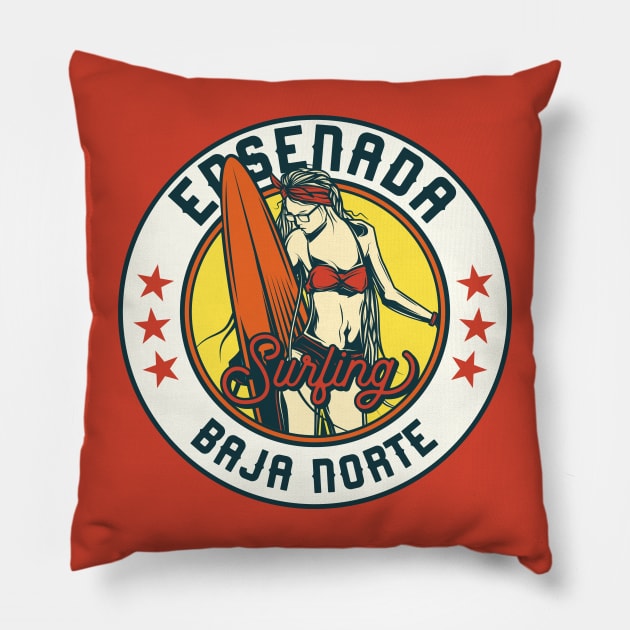 Vintage Surfing Badge for Ensenada, Mexico Pillow by SLAG_Creative