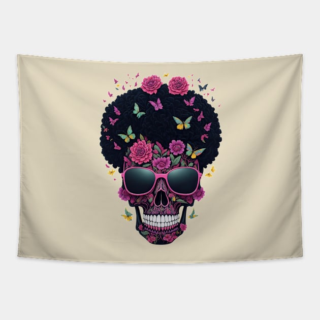 Funny Sugar Candy Skull With Sun Glasses and Afro Tapestry by allovervintage