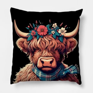 Funny scottish highland cow with flower crown Pillow