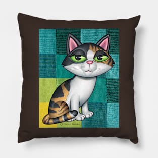 Cute Calico Cat on Greenish and yellow squares Pillow