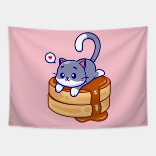 Cute Cat Laying On Pancake Cartoon Tapestry