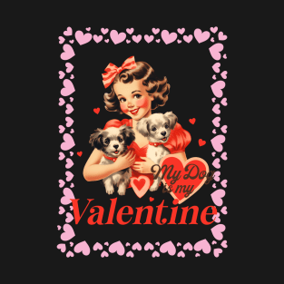 Valentine's Day Illustration For Dog Lovers - Girl With Two Puppies - Vintage Art T-Shirt