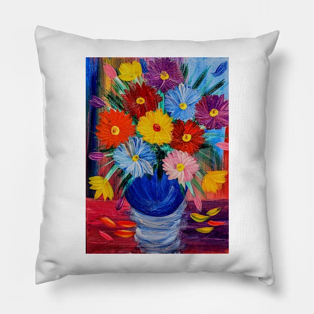 Some fun and colorful abstract flowers in glass vase set against a multi color background. Pillow by kkartwork