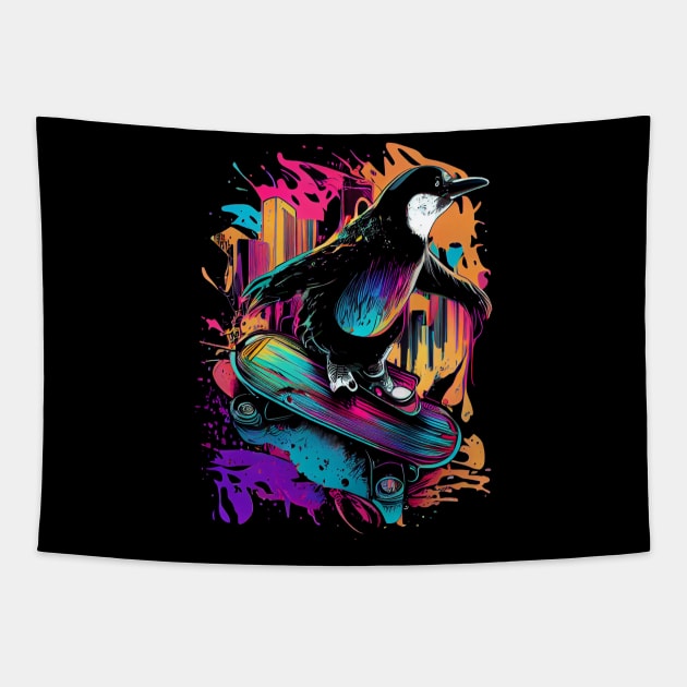 Penguin Skateboarding Tapestry by AI INKER